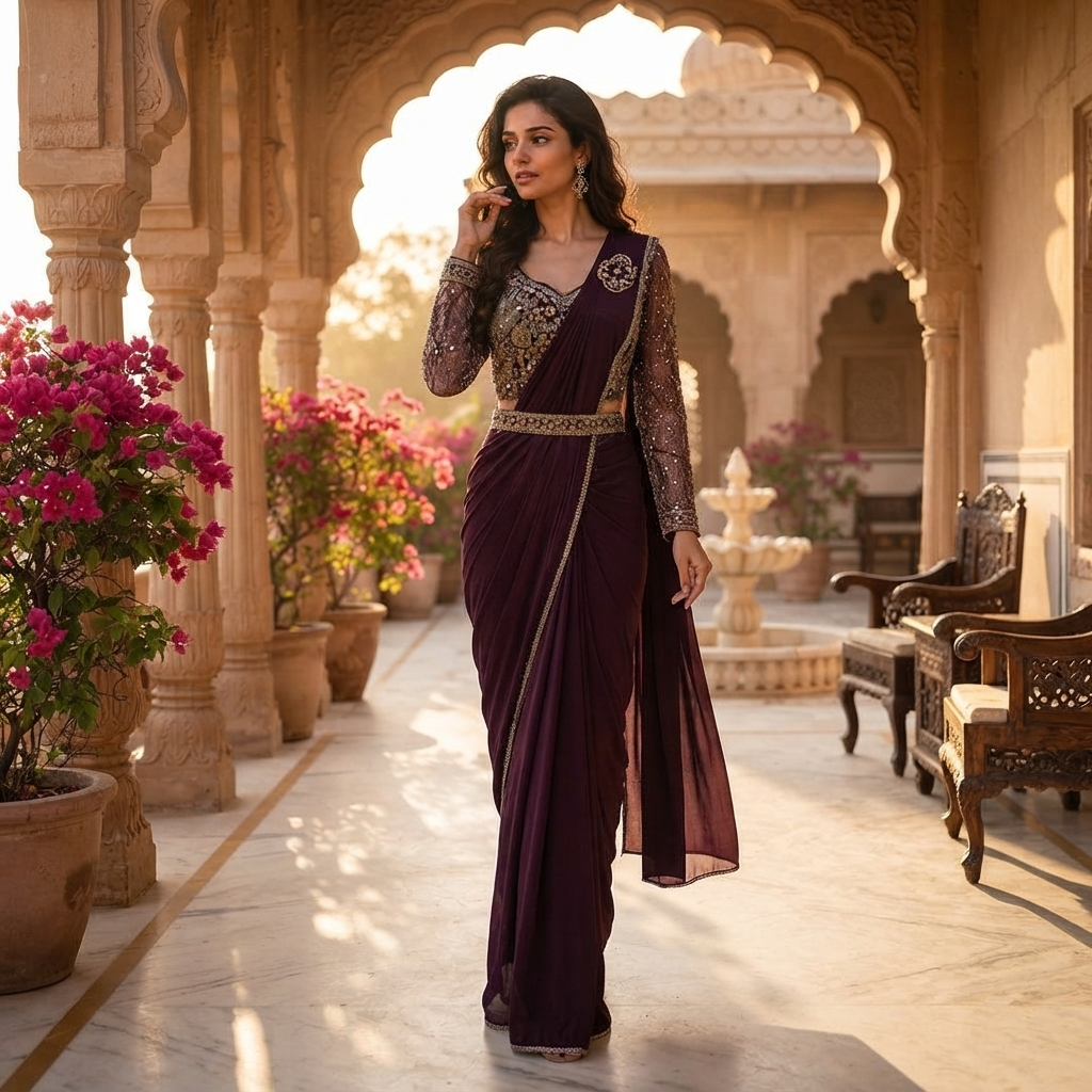 A woman stands in a sunlit courtyard wearing a deep purple saree with gold embroidery and sheer sleeves, set against a background of stone arches, potted pink flowers, and carved furniture.
