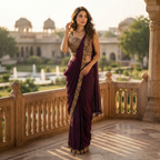 A woman stands on a sunlit stone balcony wearing a deep purple saree with ornate gold embroidery and a matching embroidered blouse, with a blurred palace garden in the background.