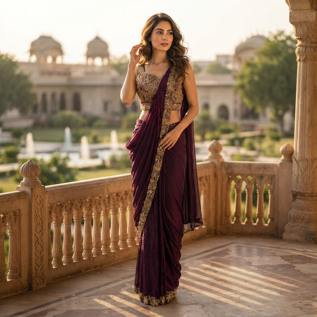 A woman stands on a sunlit stone balcony wearing a deep purple saree with ornate gold embroidery and a matching embroidered blouse, with a blurred palace garden in the background.