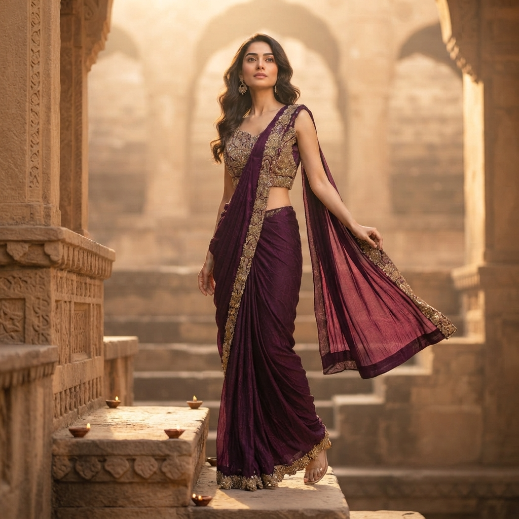 A woman models a deep purple and gold embroidered traditional Indian saree in an outdoor stone courtyard with arches and warm golden lighting.