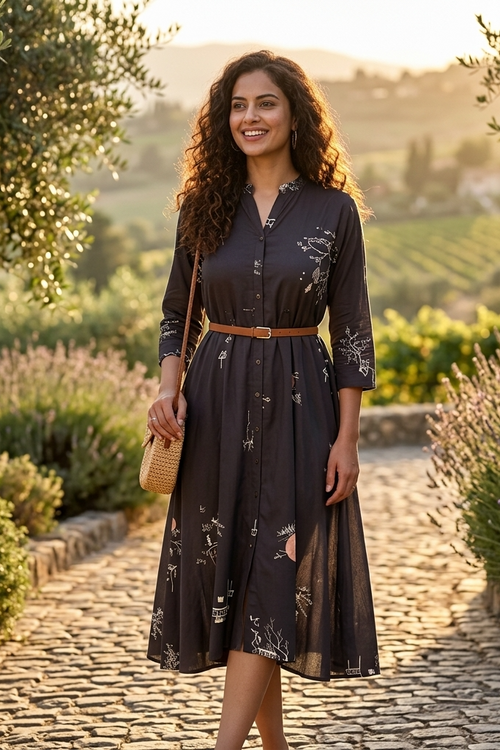 A woman stands on a sunlit cobblestone path wearing a dark charcoal midi dress with a brown belt and a woven straw bag, set against a blurred background of greenery and hills.