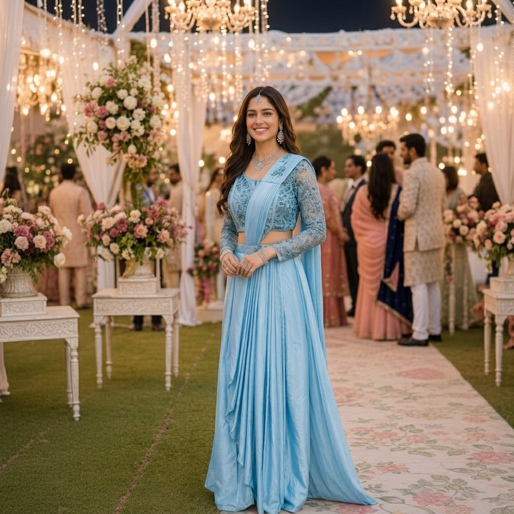 Ciyana Blue Armani Satin Silk Ready-to-Wear Saree with Stitched Blouse