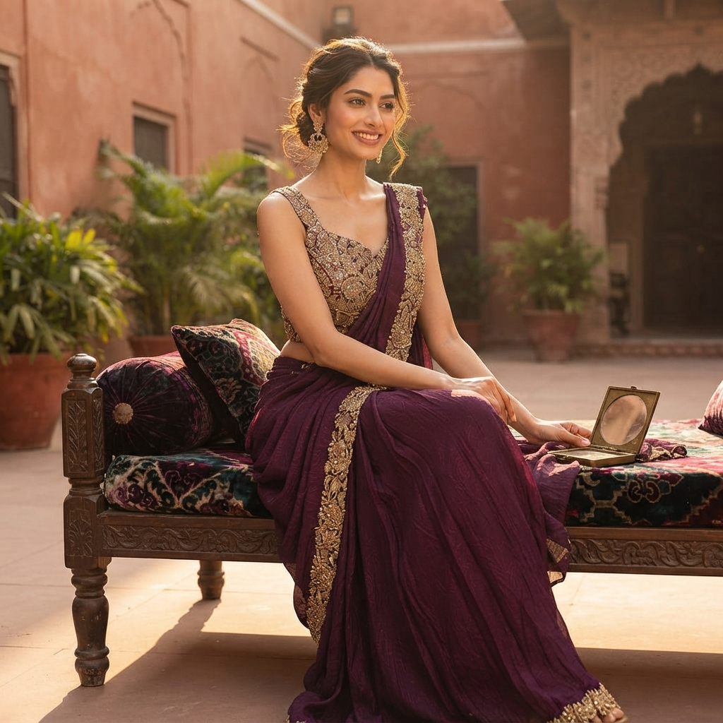 A woman wearing a deep purple and gold embroidered traditional Indian sari sits on a carved wooden daybed in a sunlit courtyard with terracotta walls and potted plants.
