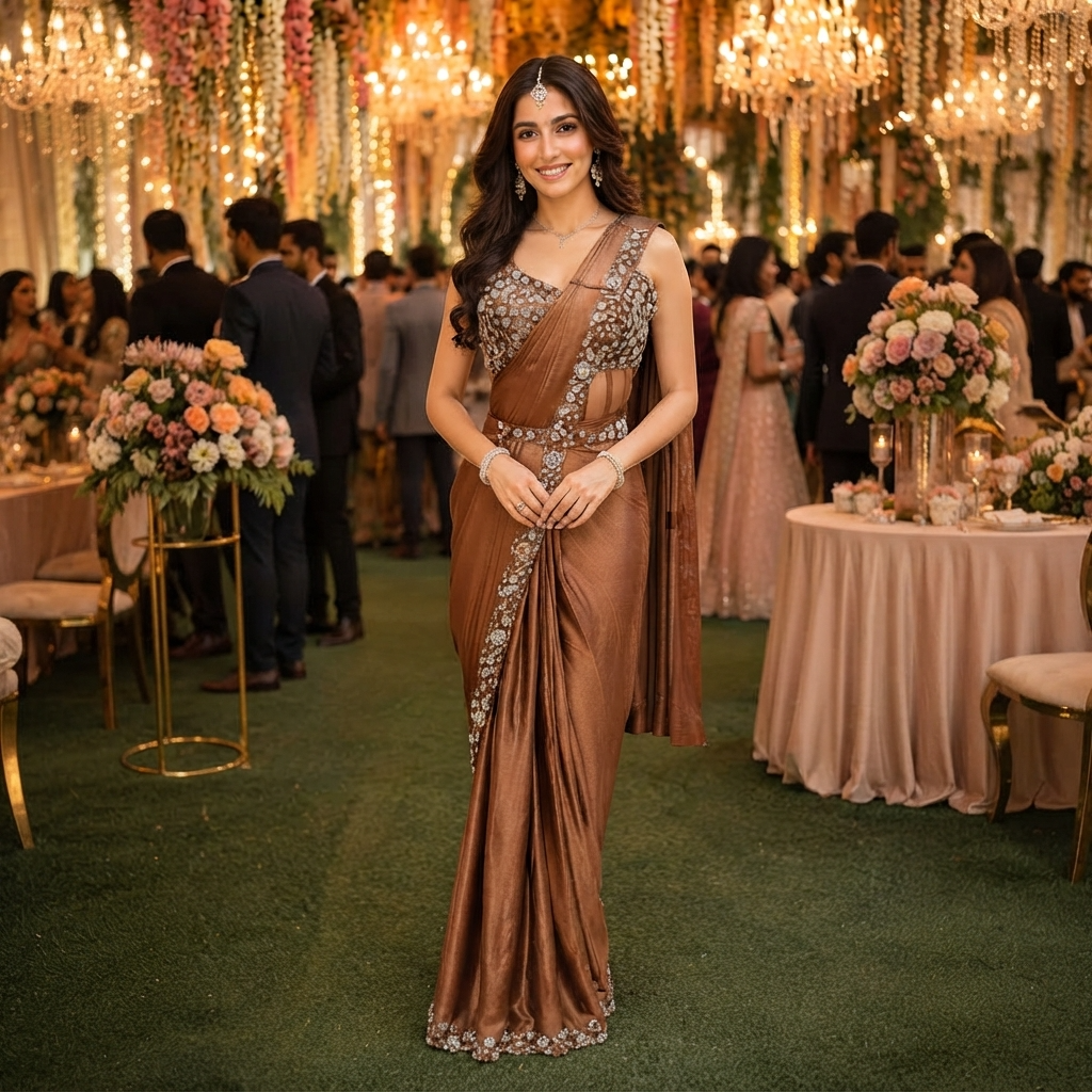A woman stands in a decorated event hall wearing a bronze-brown sari with silver floral embroidery. The background features hanging chandeliers, guests mingling, and tables with floral arrangements.