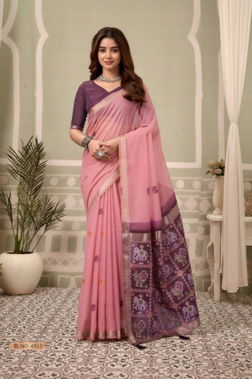 Woman wearing a pink saree with a mirror reflection, Gobuni brand visible