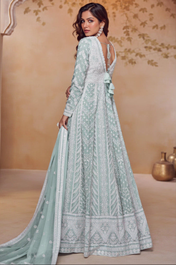 Floral Heavy Embroidered Chinon Gown with Dupatta for Wedding & Festive
