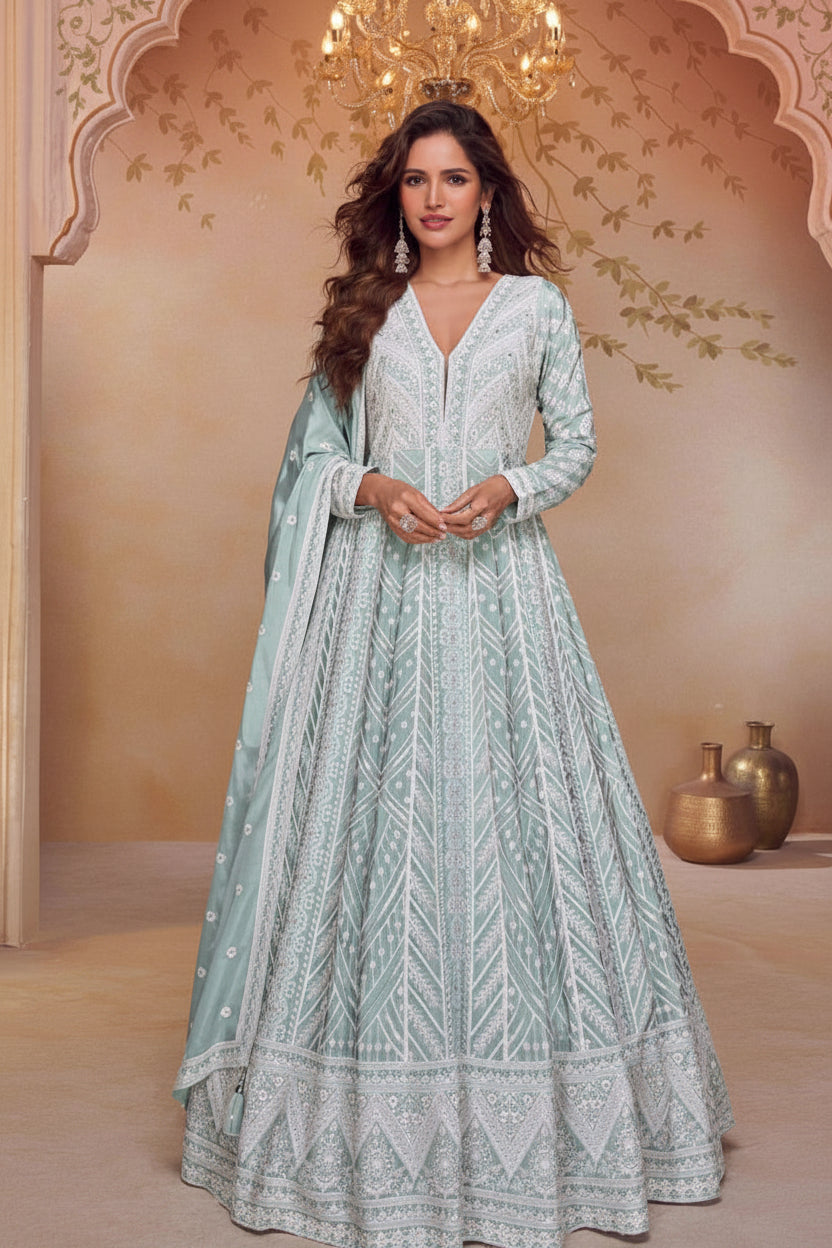 Floral Heavy Embroidered Chinon Gown with Dupatta for Wedding & Festive