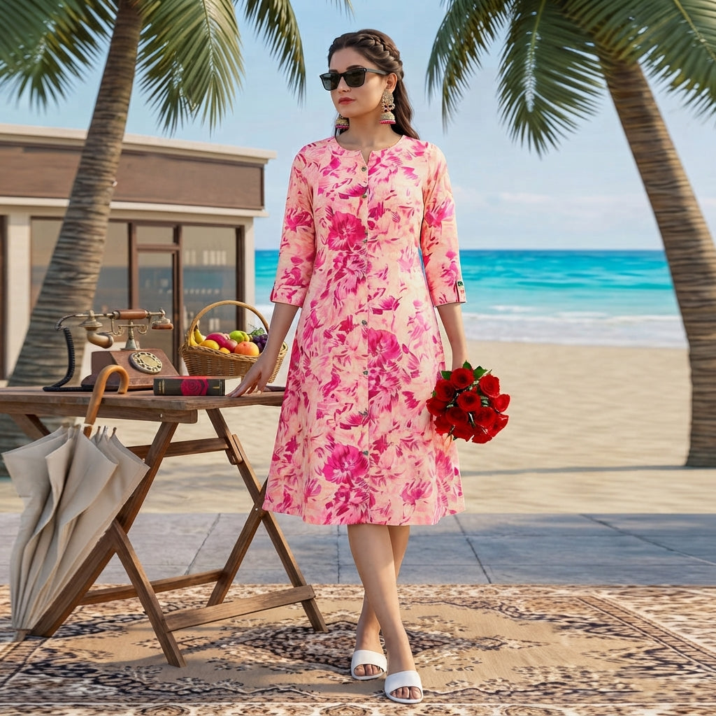 Priyanshi Pink Floral Printed Cotton Kurti for Women