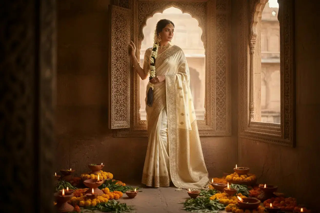 A woman wearing a cream-colored traditional sari stands in a warmly lit stone corridor with arched windows, surrounded by lit oil lamps and orange flower garlands on the floor.