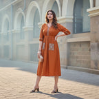 Woman wearing an orange dress with embroidery, standing outdoors near a building.