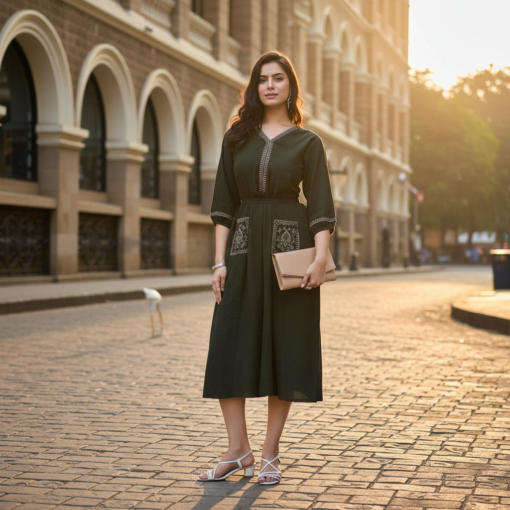 A woman stands on a cobblestone street in front of a large arched building, wearing an olive green midi dress with embroidered details on the chest and waist, holding a beige clutch.