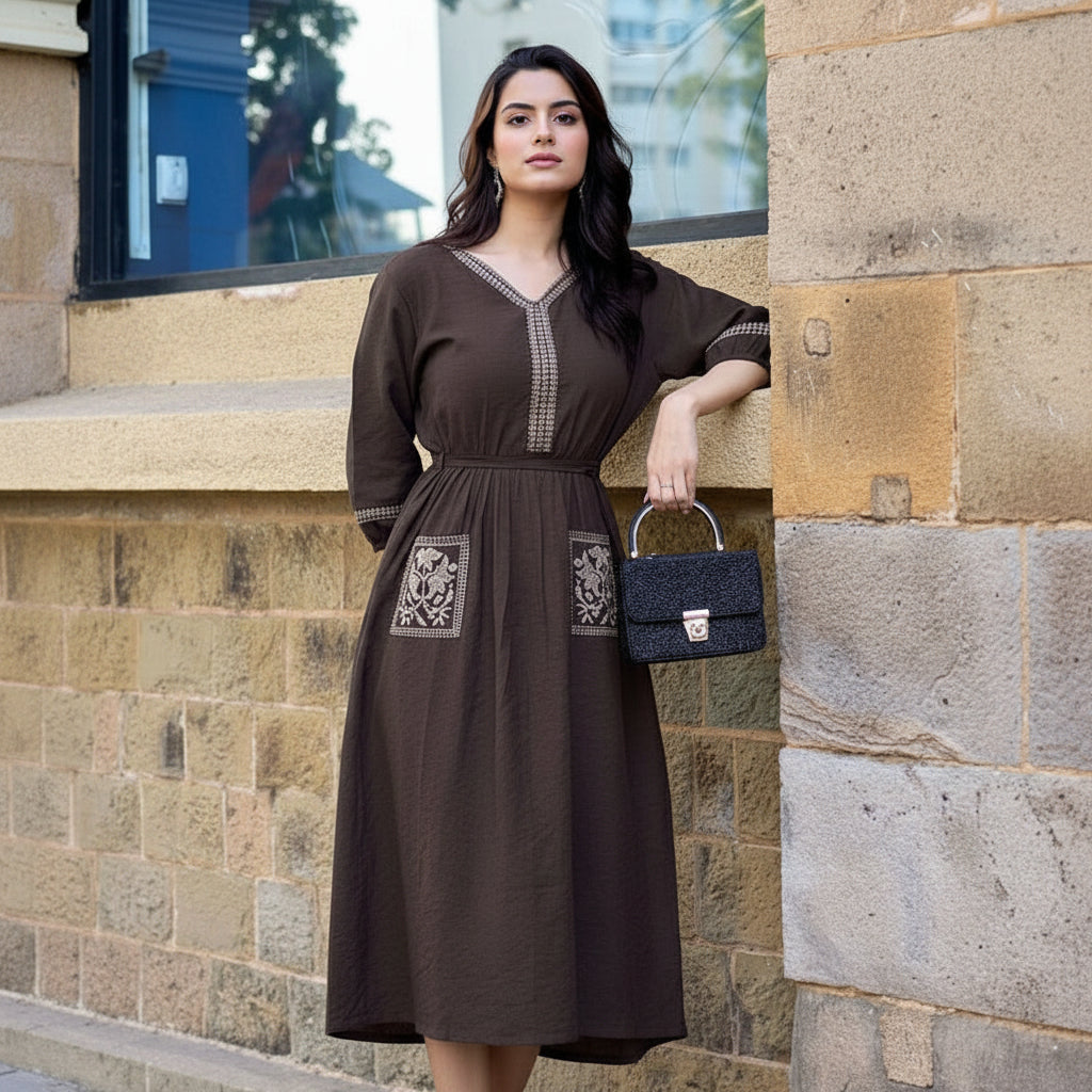Woman in a brown dress standing against a stone wall with 'Kadleee' branding.