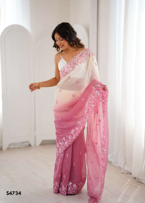 Crunchy Fabric Embroidered Saree with Satin Silk Unstitched Blouse
