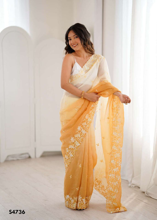 Crunchy Fabric Embroidered Saree with Satin Silk Unstitched Blouse