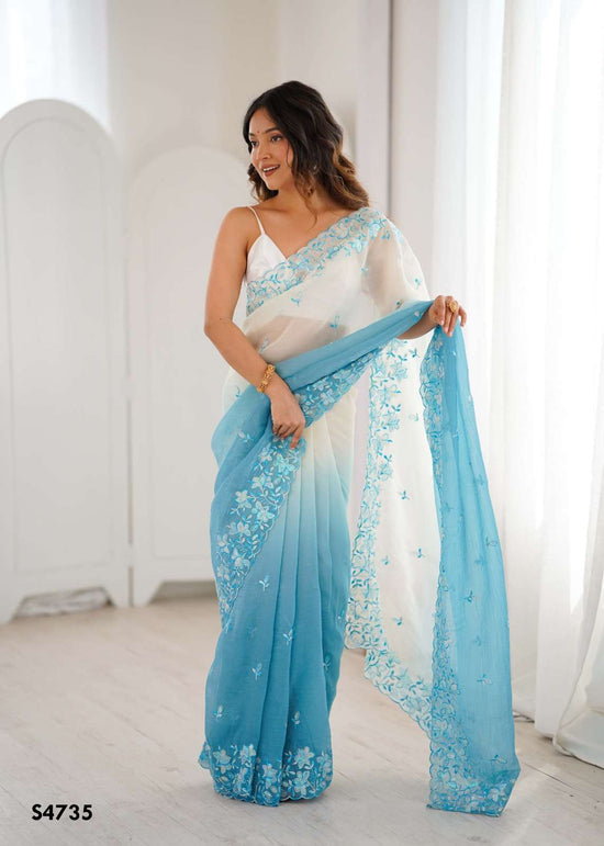 Crunchy Fabric Embroidered Saree with Satin Silk Unstitched Blouse