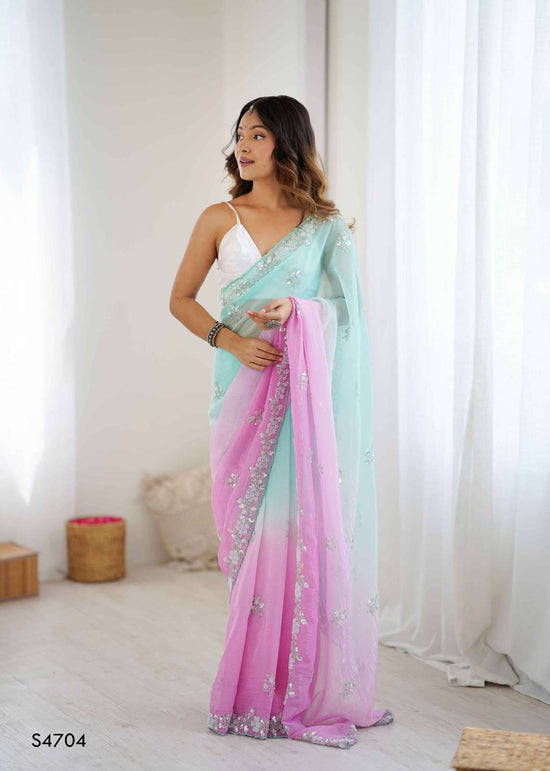 Chiffon Crush Embroidery Print Saree with Satin Unstitched Blouse