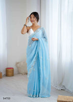 Chiffon Crush Embroidery Print Saree with Satin Unstitched Blouse