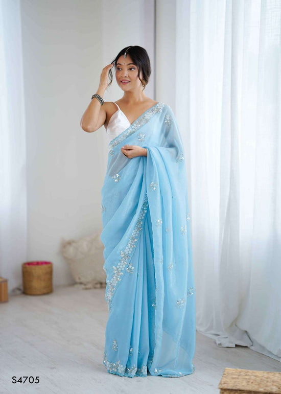 Chiffon Crush Embroidery Print Saree with Satin Unstitched Blouse