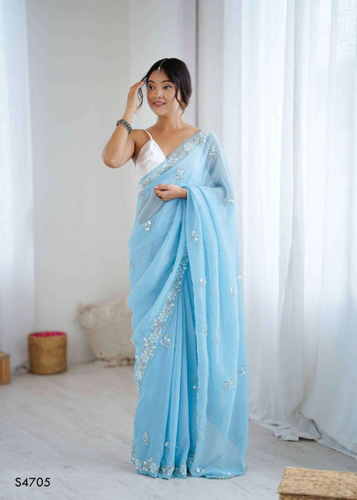 Chiffon Crush Embroidery Print Saree with Satin Unstitched Blouse
