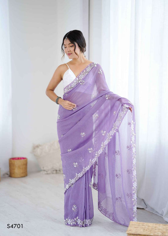 Chiffon Crush Embroidery Print Saree with Satin Unstitched Blouse