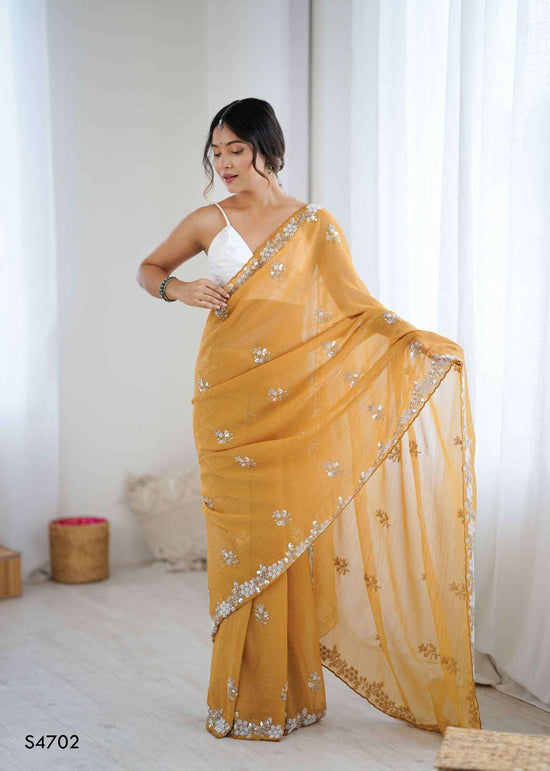 Chiffon Crush Embroidery Print Saree with Satin Unstitched Blouse