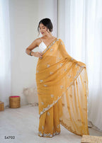Chiffon Crush Embroidery Print Saree with Satin Unstitched Blouse