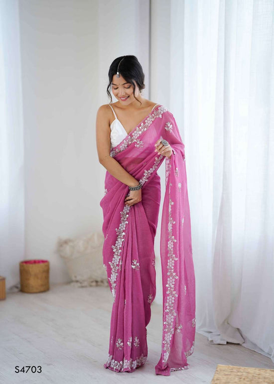 Chiffon Crush Embroidery Print Saree with Satin Unstitched Blouse