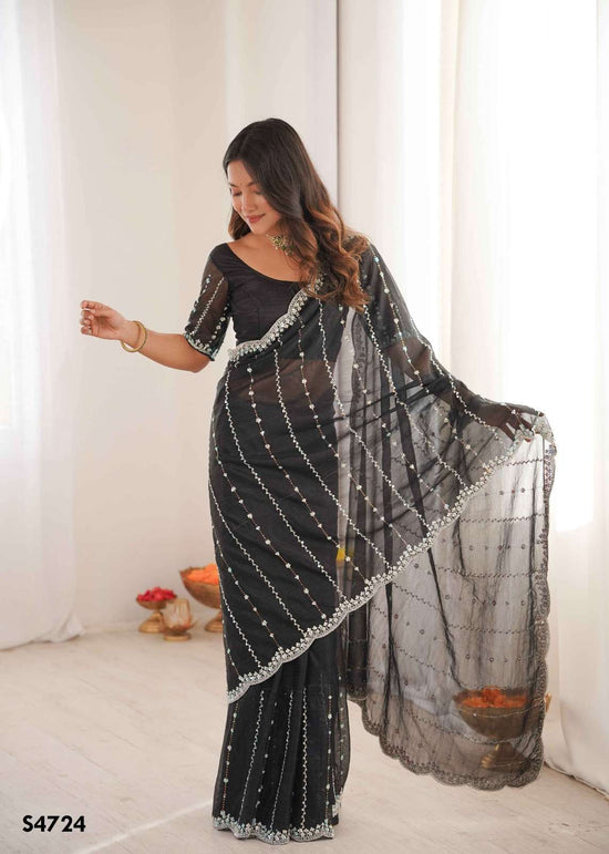 Twill Net Embroidered Festive Saree with Unstitched Blouse