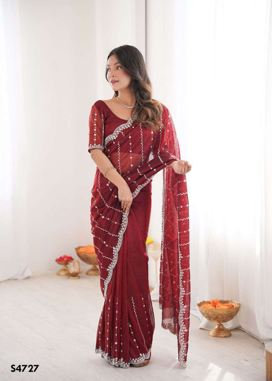 Twill Net Embroidered Festive Saree with Unstitched Blouse