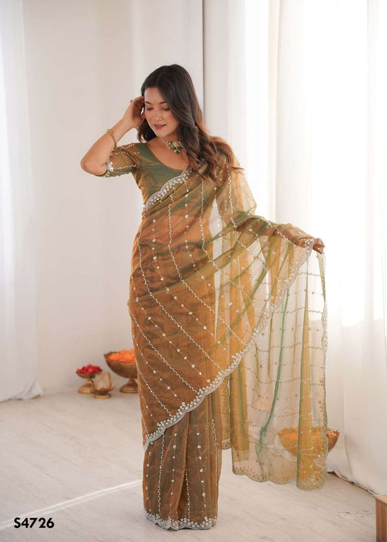 Twill Net Embroidered Festive Saree with Unstitched Blouse