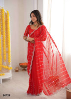 Twill Net Embroidered Festive Saree with Unstitched Blouse