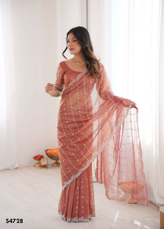 Twill Net Embroidered Festive Saree with Unstitched Blouse