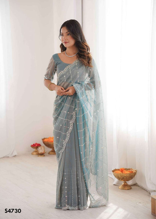 Twill Net Embroidered Festive Saree with Unstitched Blouse