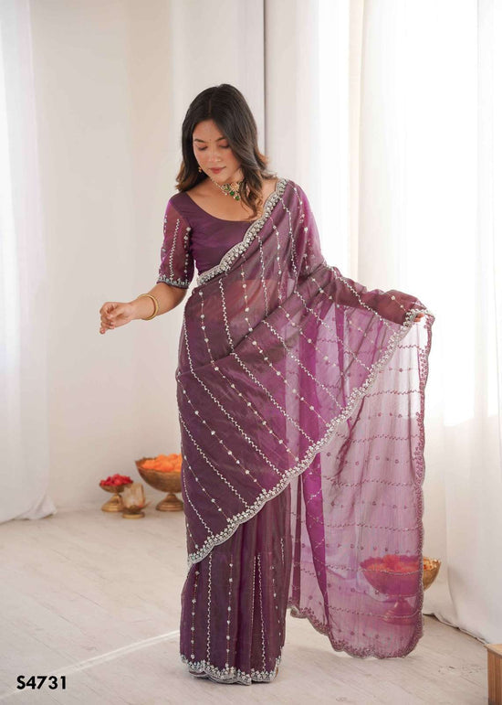 Twill Net Embroidered Festive Saree with Unstitched Blouse