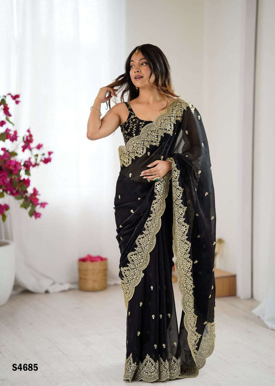 Chiffon Embroidered Saree with Satin Silk Unstitched Blouse