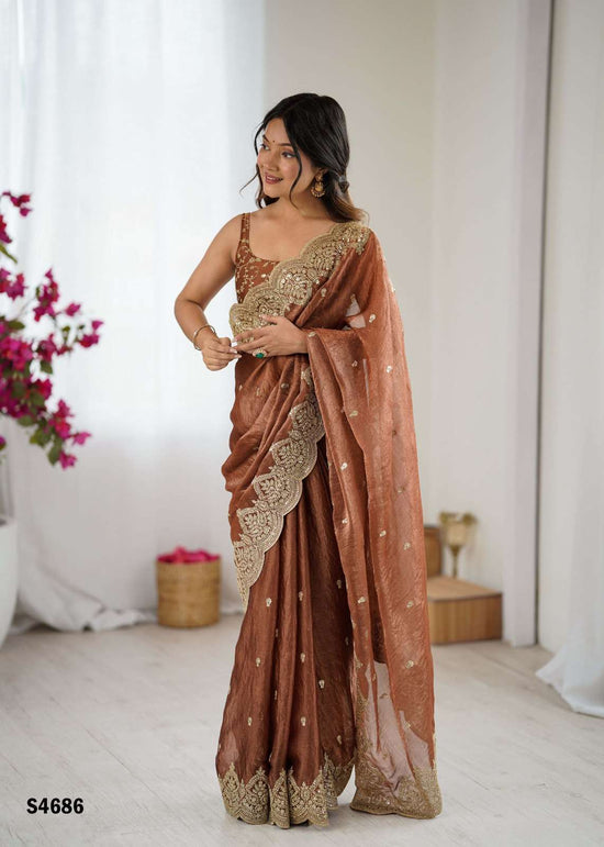 Chiffon Embroidered Saree with Satin Silk Unstitched Blouse