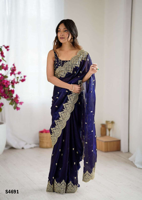 Chiffon Embroidered Saree with Satin Silk Unstitched Blouse