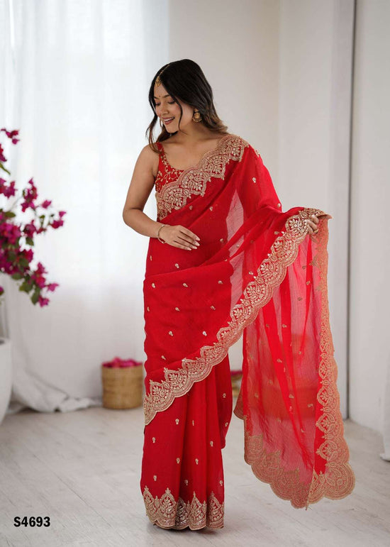 Chiffon Embroidered Saree with Satin Silk Unstitched Blouse