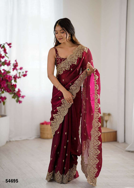 Chiffon Embroidered Saree with Satin Silk Unstitched Blouse