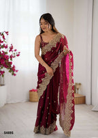 Chiffon Embroidered Saree with Satin Silk Unstitched Blouse