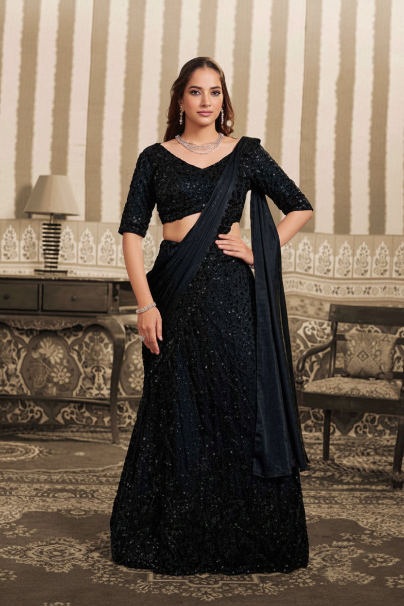 A woman modeling a black embellished lehenga choli saree with a matching dupatta, standing in a vintage-style room with striped wallpaper and a patterned sofa.