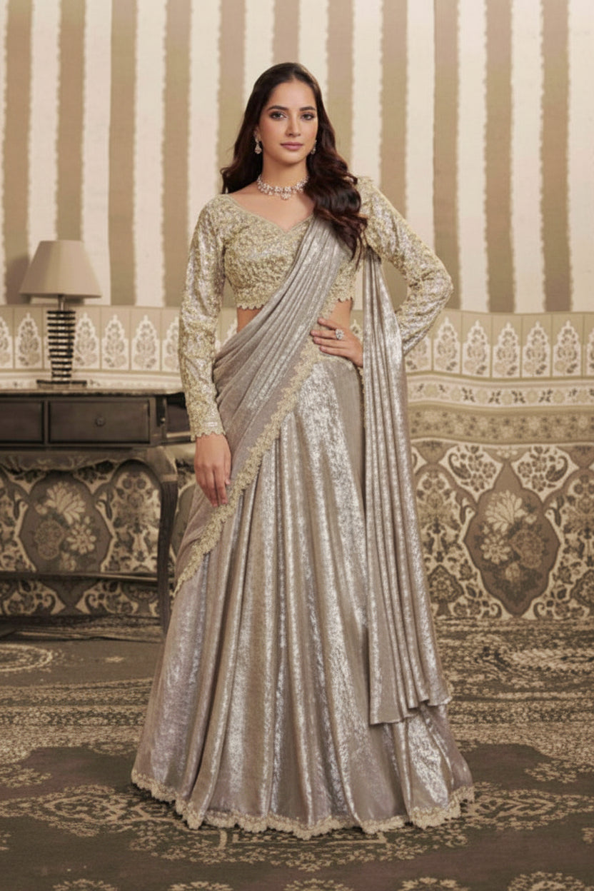 A woman modeling a shimmering light beige and silver saree with a heavily embroidered long-sleeve blouse, shown in a split portrait layout against an ornate indoor backdrop.
