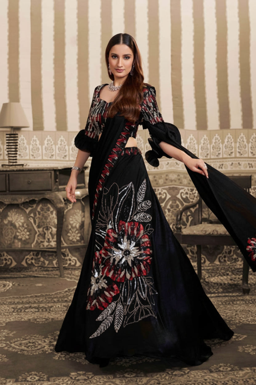 A woman models a long black embroidered gown with red, white, and silver floral patterns in an ornate indoor setting with striped wallpaper and a patterned rug.