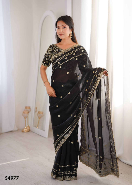 Fendy Satin Embroidered Saree with Unstitched Blouse
