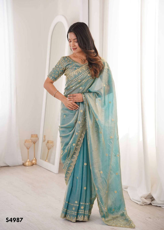 Fendy Satin Embroidered Saree with Unstitched Blouse
