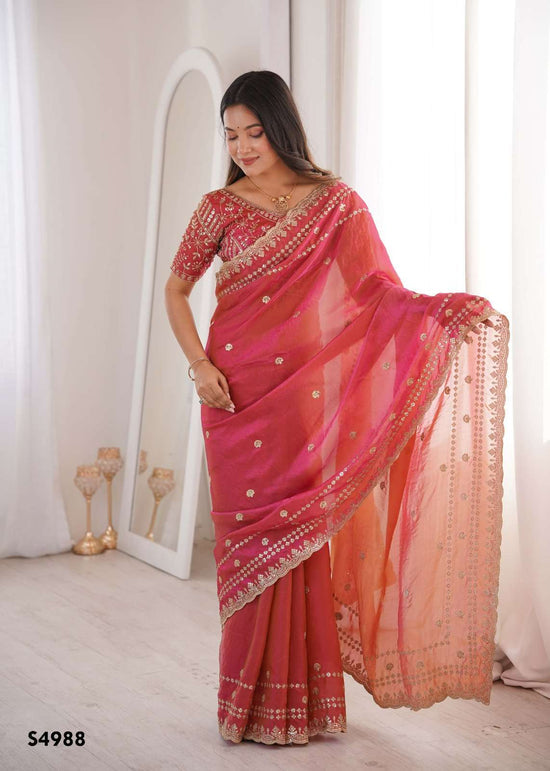 Fendy Satin Embroidered Saree with Unstitched Blouse