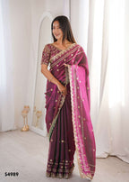 Fendy Satin Embroidered Saree with Unstitched Blouse