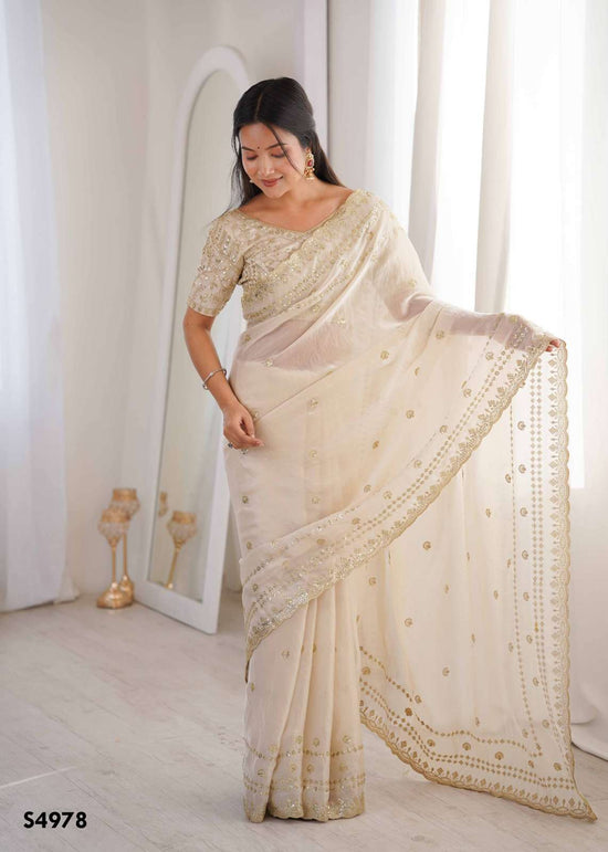 Fendy Satin Embroidered Saree with Unstitched Blouse