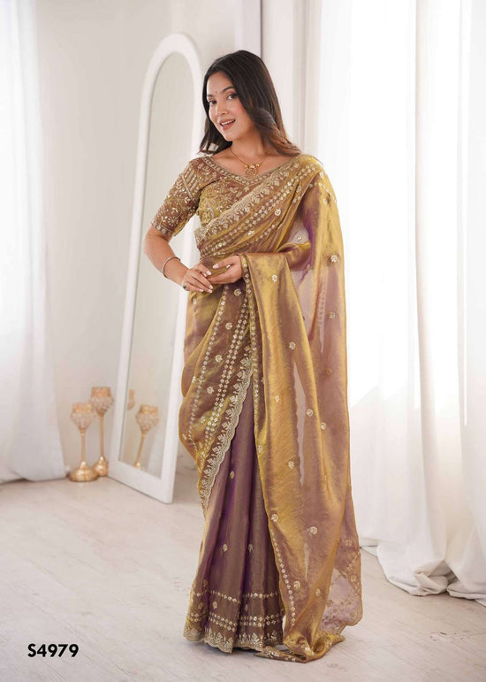 Fendy Satin Embroidered Saree with Unstitched Blouse