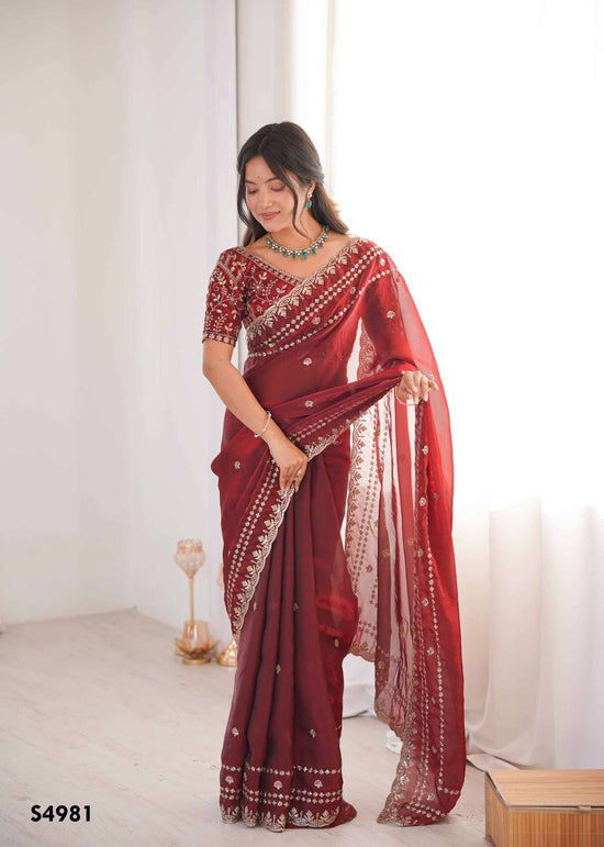 Fendy Satin Embroidered Saree with Unstitched Blouse